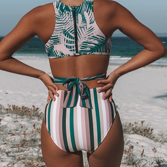 Cupshe Miss U Green One Piece Tropical Leaves Stripes Zipper Back Tie Small - Picture 2 of 9